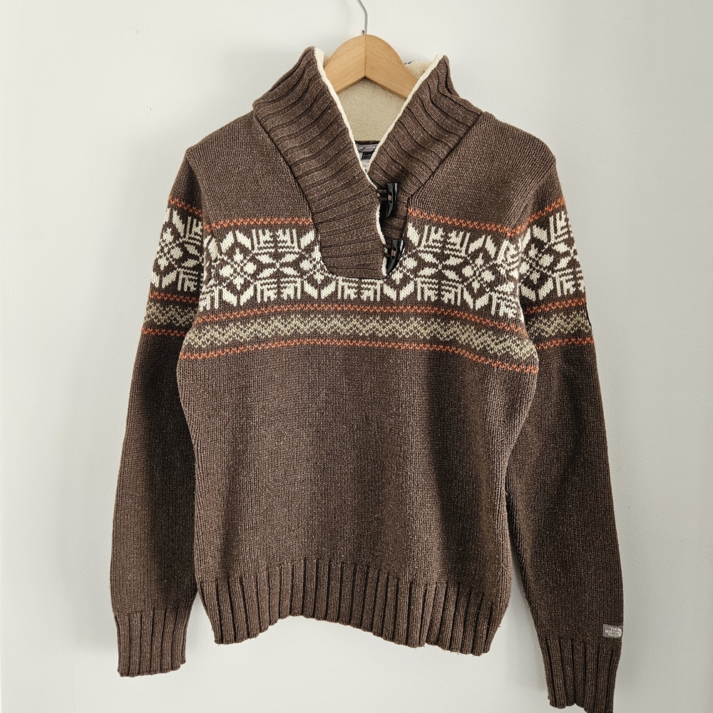 The North Face Nordic Fair Isle Sweater Womens Large Toggle Shawl Collar Wool